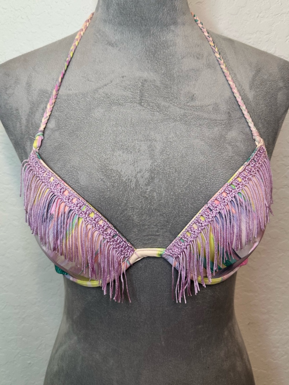 Victoria’s Secret Fringe Bikini Top 34B Pastel Tie Dye Beaded Tassel Boho Swim